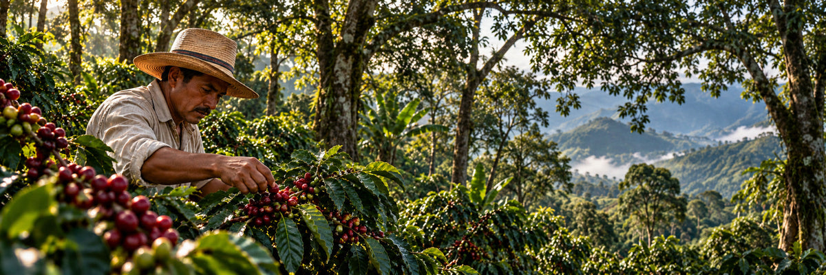 Coffee farmer harvesting shade-grown coffee cherries beneath a tree canopy in Copán, Honduras